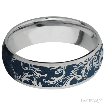 7 mm wide/Domed/Titanium band with a laser carved Black Leaf pattern.