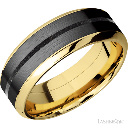 8 mm wide/High Bevel/14K Yellow Gold band featuring inlays of Zirconium and Dinosaur Bone Black.