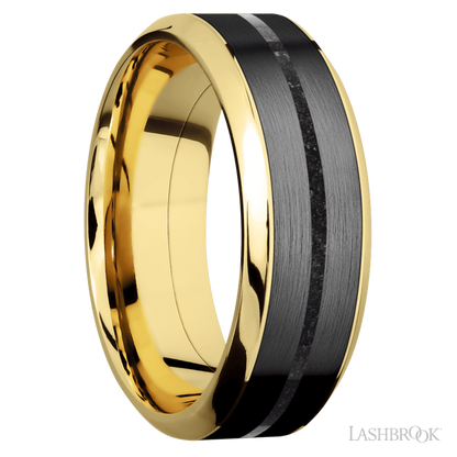 8 mm wide/High Bevel/14K Yellow Gold band featuring inlays of Zirconium and Dinosaur Bone Black.