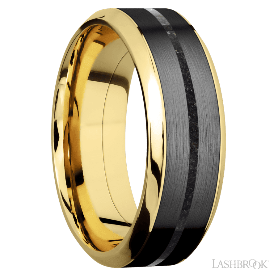 8 mm wide/High Bevel/14K Yellow Gold band featuring inlays of Zirconium and Dinosaur Bone Black.