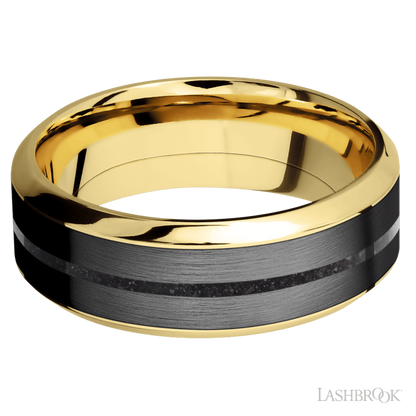 8 mm wide/High Bevel/14K Yellow Gold band featuring inlays of Zirconium and Dinosaur Bone Black.