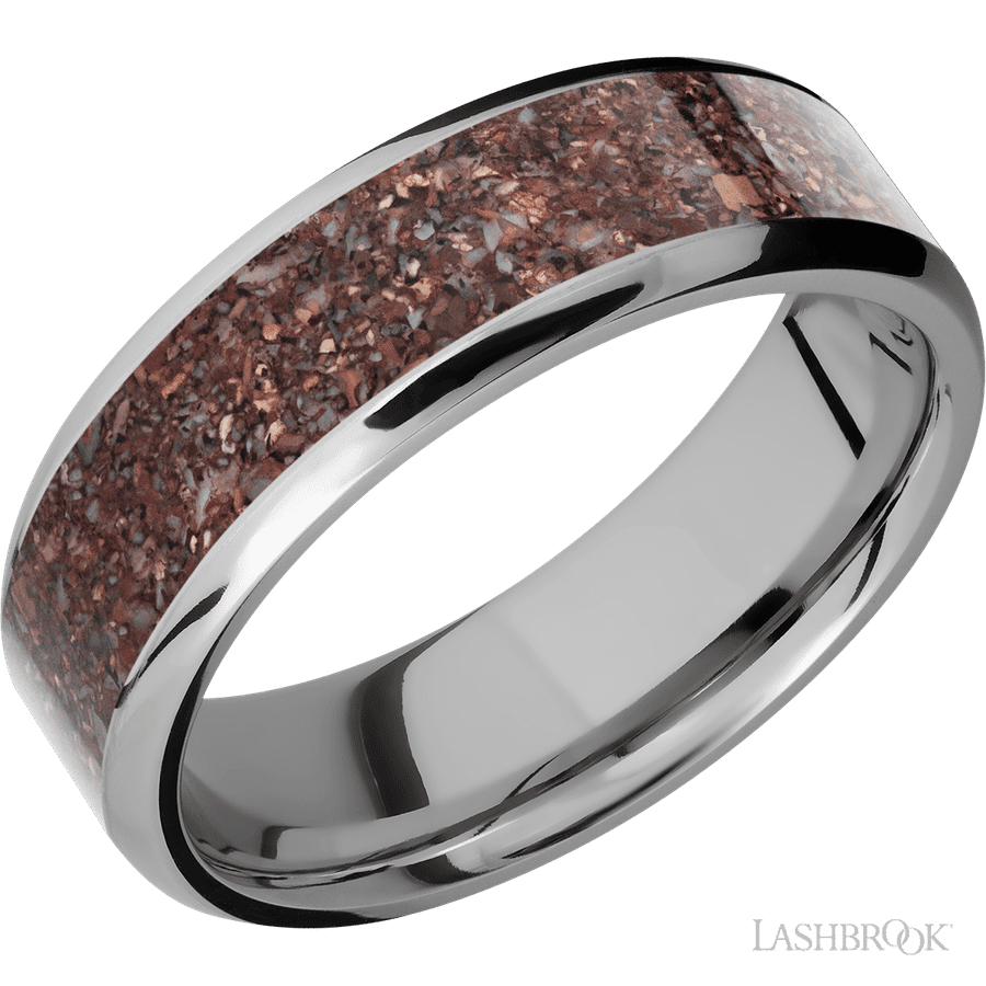 7 mm wide/Beveled/Titanium band with one 5 mm Centered inlay of Dinosaur Bone Mixed.
