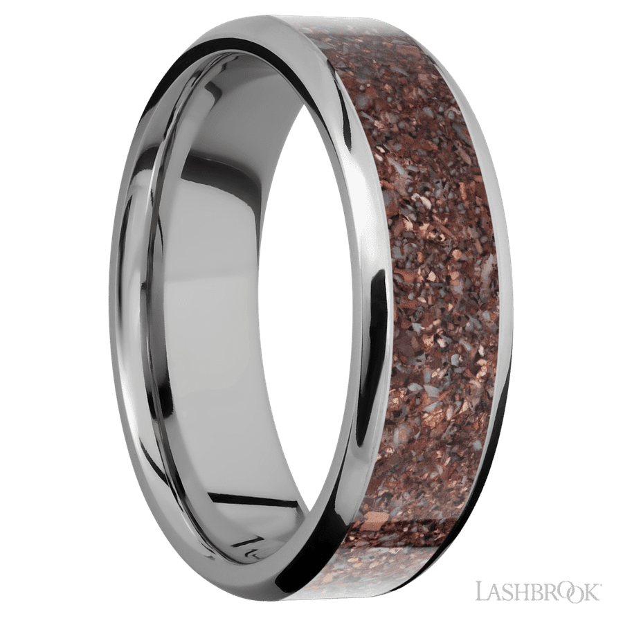 7 mm wide/Beveled/Titanium band with one 5 mm Centered inlay of Dinosaur Bone Mixed.