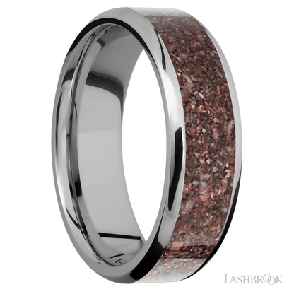 7 mm wide/Beveled/Titanium band with one 5 mm Centered inlay of Dinosaur Bone Mixed.