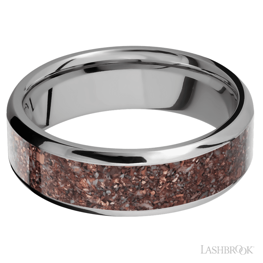 7 mm wide/Beveled/Titanium band with one 5 mm Centered inlay of Dinosaur Bone Mixed.