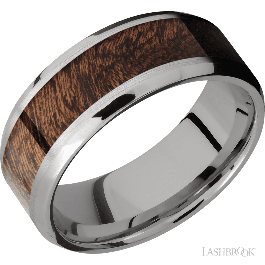 8 mm wide/Beveled/Titanium band with one 5 mm Centered inlay of Sapele.