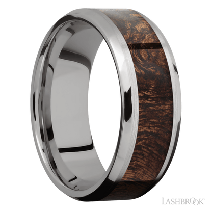8 mm wide/Beveled/Titanium band with one 5 mm Centered inlay of Sapele.