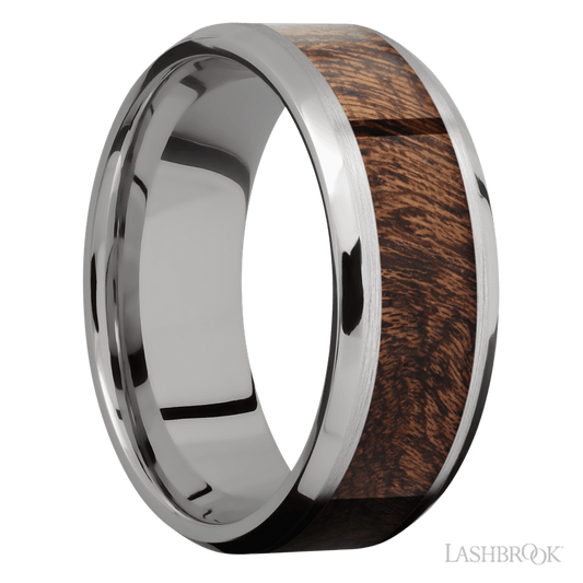 Lashbrook 8mm Beveled Titanium Wedding Band — Sapele Inlay