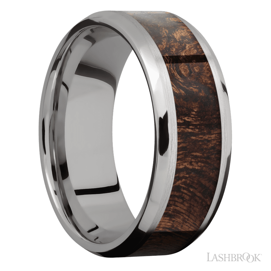 8 mm wide/Beveled/Titanium band with one 5 mm Centered inlay of Sapele.