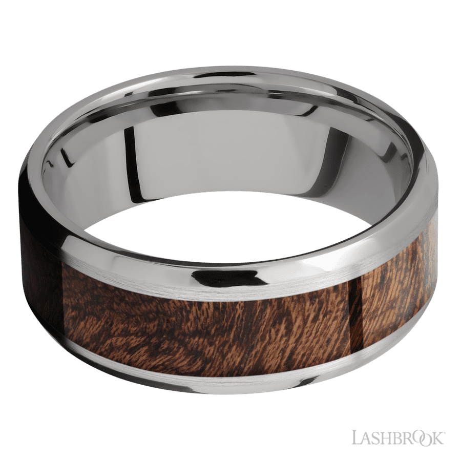 8 mm wide/Beveled/Titanium band with one 5 mm Centered inlay of Sapele.