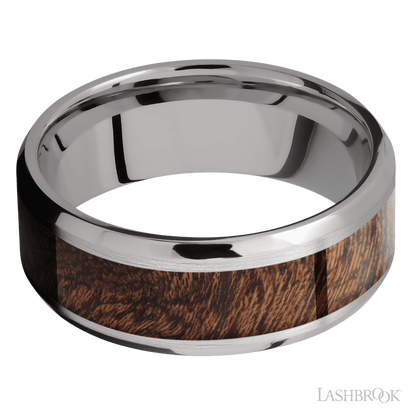 8 mm wide/Beveled/Titanium band with one 5 mm Centered inlay of Sapele.
