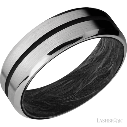 7 mm wide/Beveled/Titanium band with one 1 mm Centered inlay of Black also featuring a Forged Carbon Fiber sleeve.
