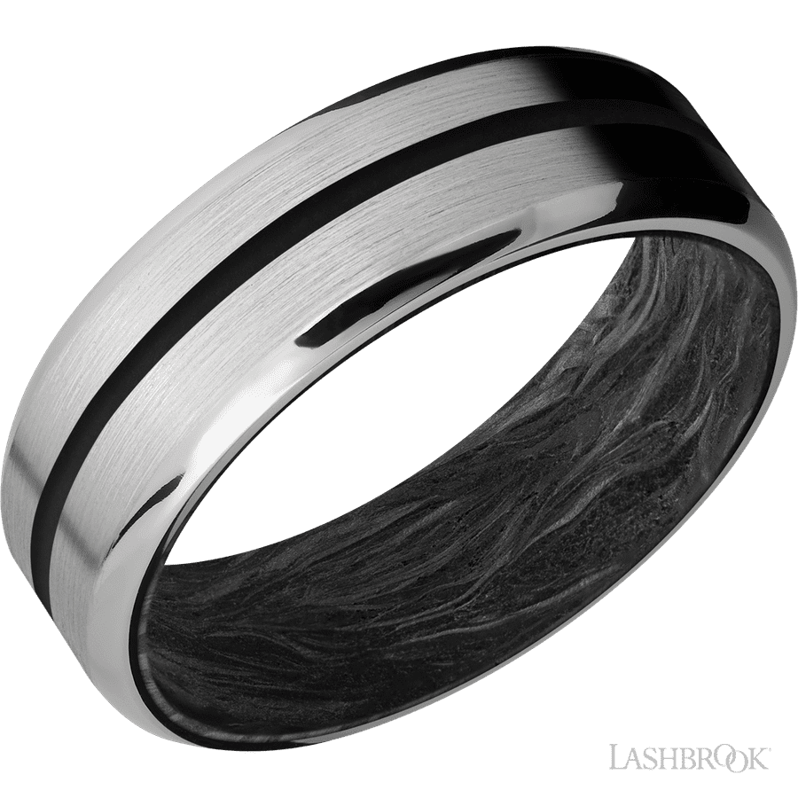 7 mm wide/Beveled/Titanium band with one 1 mm Centered inlay of Black also featuring a Forged Carbon Fiber sleeve.