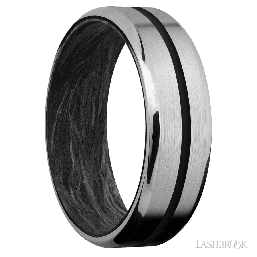 7 mm wide/Beveled/Titanium band with one 1 mm Centered inlay of Black also featuring a Forged Carbon Fiber sleeve.