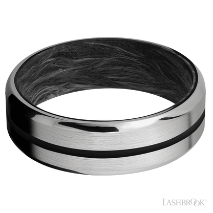 7 mm wide/Beveled/Titanium band with one 1 mm Centered inlay of Black also featuring a Forged Carbon Fiber sleeve.