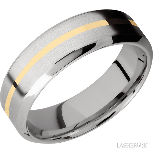 7 mm wide/High Bevel/14K White Gold band with one 1 mm Centered inlay of 14K Yellow Gold.