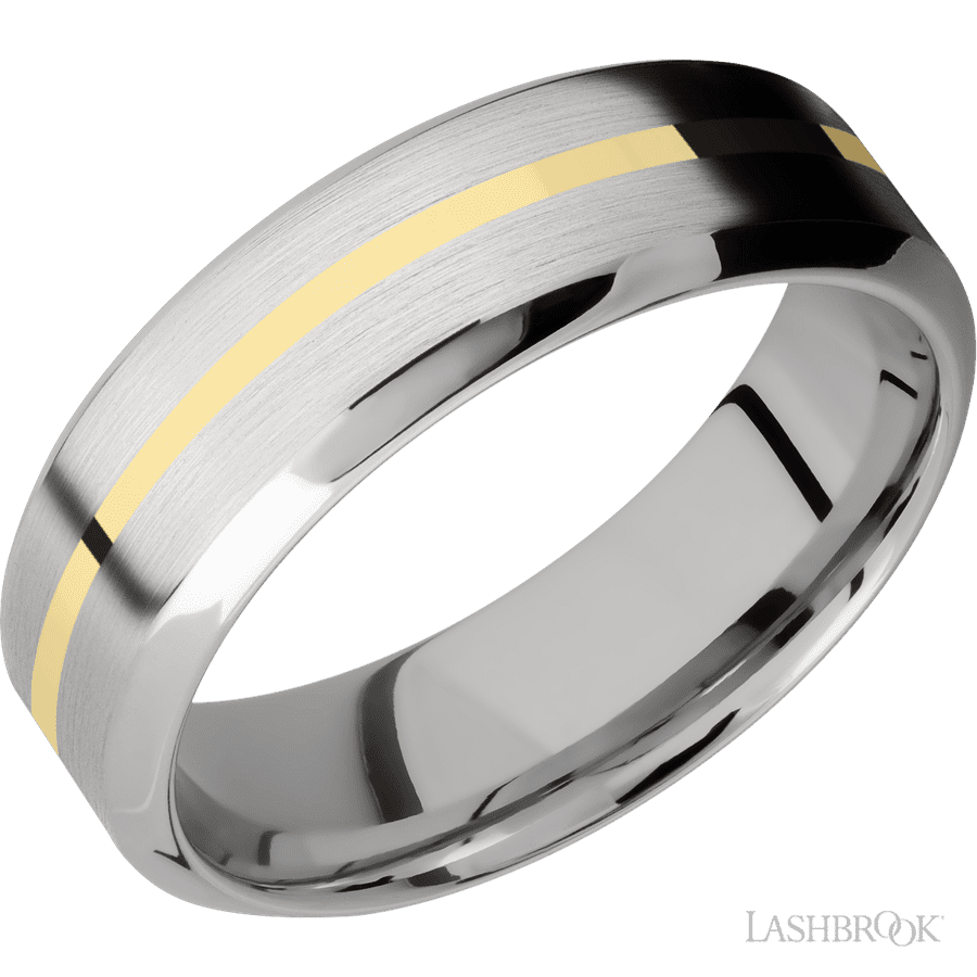 7 mm wide/High Bevel/14K White Gold band with one 1 mm Centered inlay of 14K Yellow Gold.