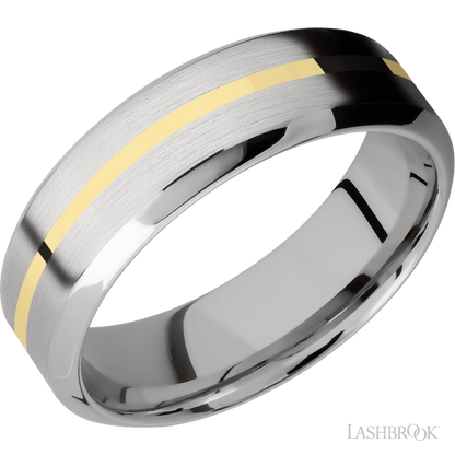 7 mm wide/High Bevel/14K White Gold band with one 1 mm Centered inlay of 14K Yellow Gold.