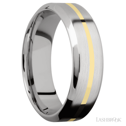7 mm wide/High Bevel/14K White Gold band with one 1 mm Centered inlay of 14K Yellow Gold.
