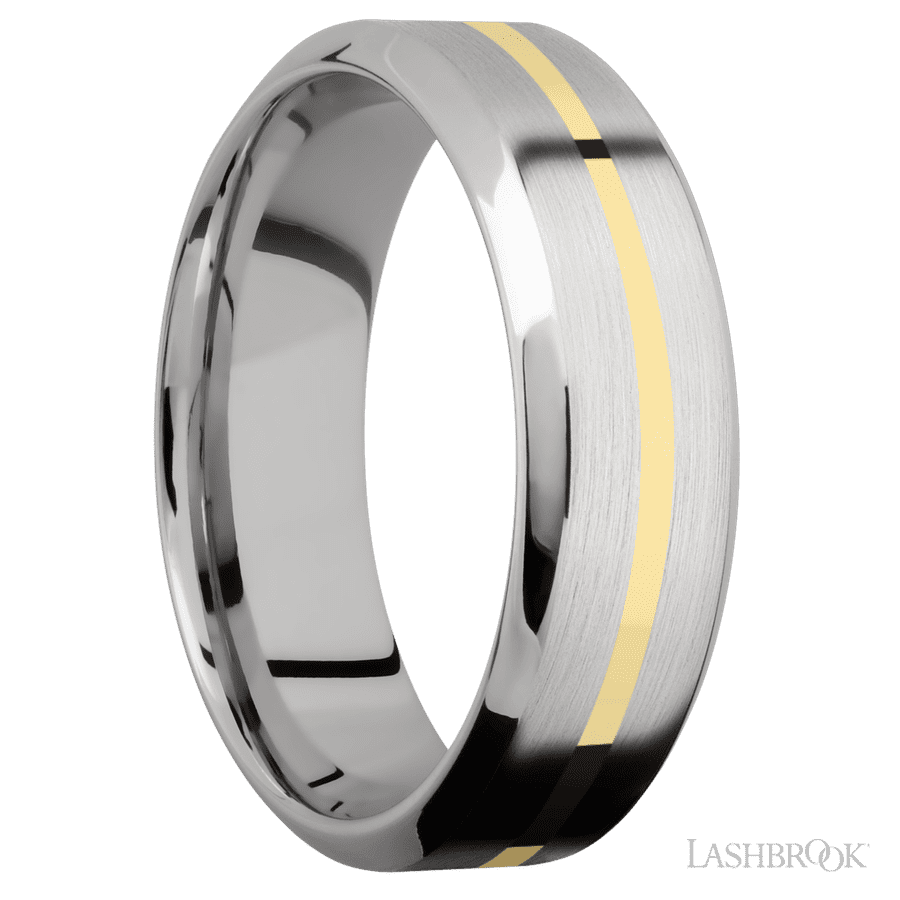 7 mm wide/High Bevel/14K White Gold band with one 1 mm Centered inlay of 14K Yellow Gold.