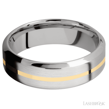 7 mm wide/High Bevel/14K White Gold band with one 1 mm Centered inlay of 14K Yellow Gold.