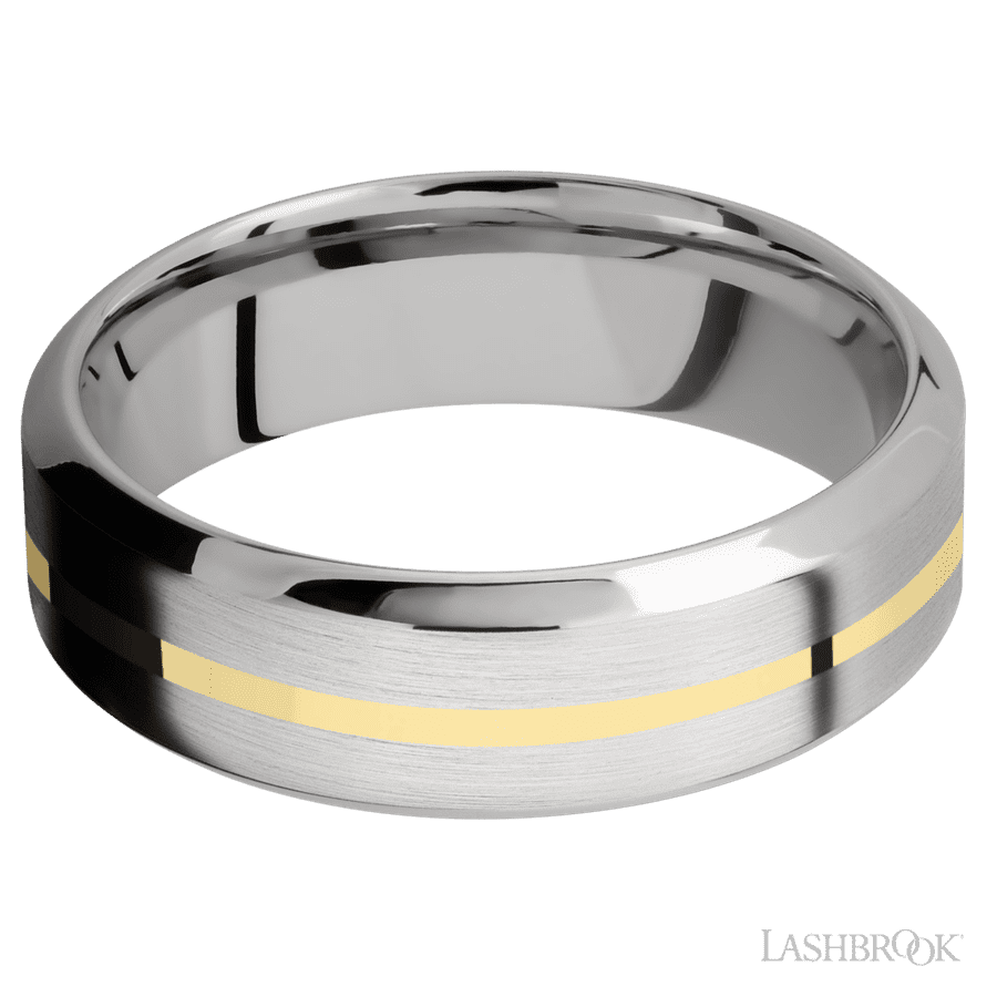 7 mm wide/High Bevel/14K White Gold band with one 1 mm Centered inlay of 14K Yellow Gold.
