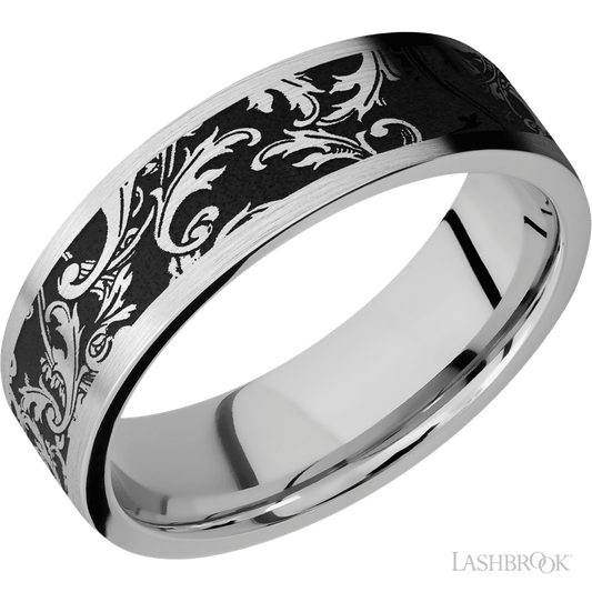 Lashbrook 7mm Flat Cobalt Chrome Wedding Band — Black Leaf Pattern