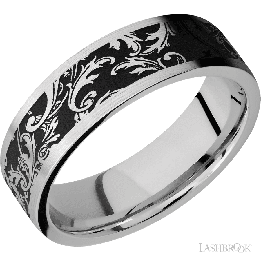7 mm wide/Flat/Cobalt Chrome band with a laser carved Black Leaf pattern.