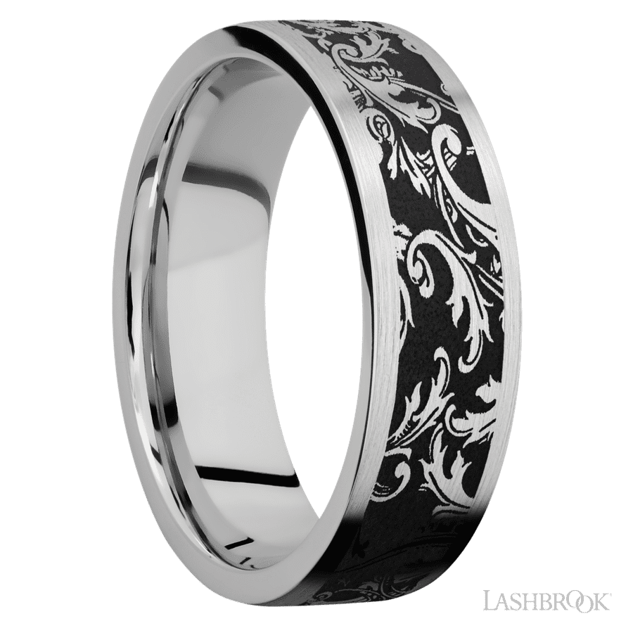 7 mm wide/Flat/Cobalt Chrome band with a laser carved Black Leaf pattern.