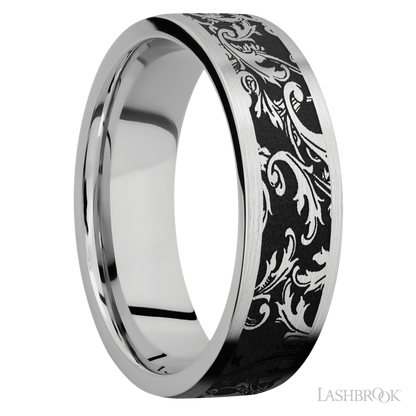 7 mm wide/Flat/Cobalt Chrome band with a laser carved Black Leaf pattern.