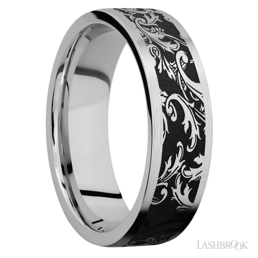 Lashbrook 7mm Flat Cobalt Chrome Wedding Band — Black Leaf Pattern