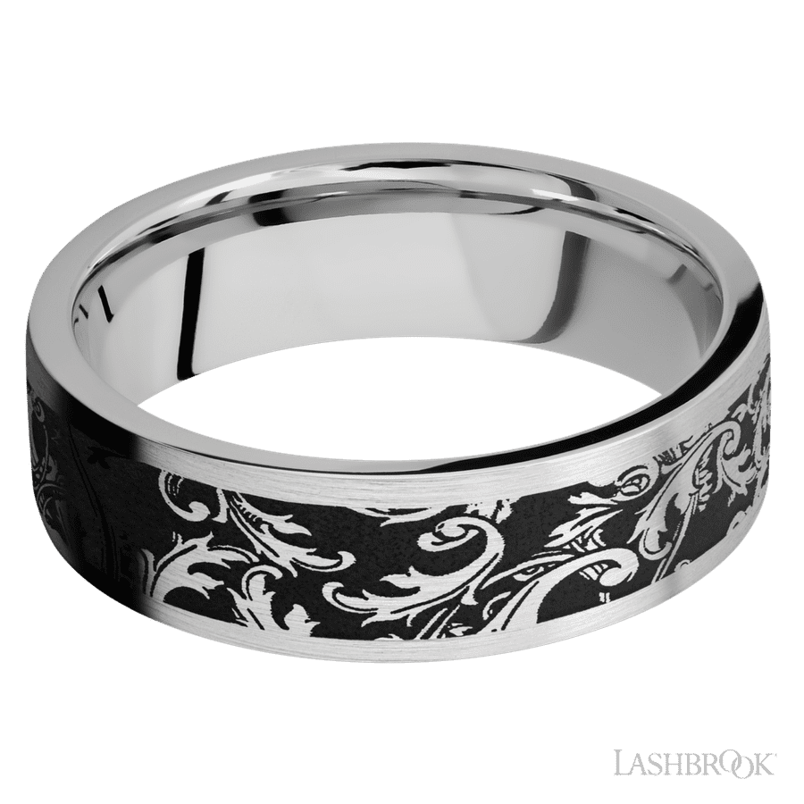 7 mm wide/Flat/Cobalt Chrome band with a laser carved Black Leaf pattern.