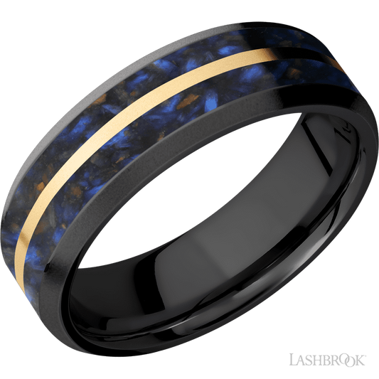 7 mm wide/Beveled/Zirconium band featuring inlays of Blue Tiger Eye and 14K Yellow Gold.