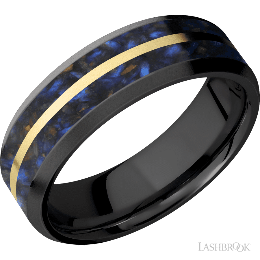 7 mm wide/Beveled/Zirconium band featuring inlays of Blue Tiger Eye and 14K Yellow Gold.