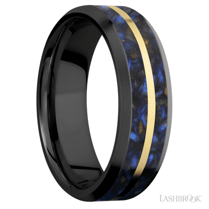 7 mm wide/Beveled/Zirconium band featuring inlays of Blue Tiger Eye and 14K Yellow Gold.