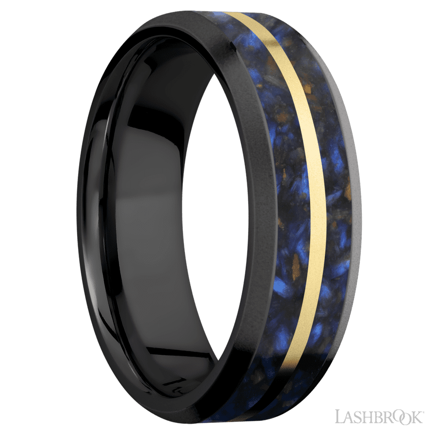 7 mm wide/Beveled/Zirconium band featuring inlays of Blue Tiger Eye and 14K Yellow Gold.