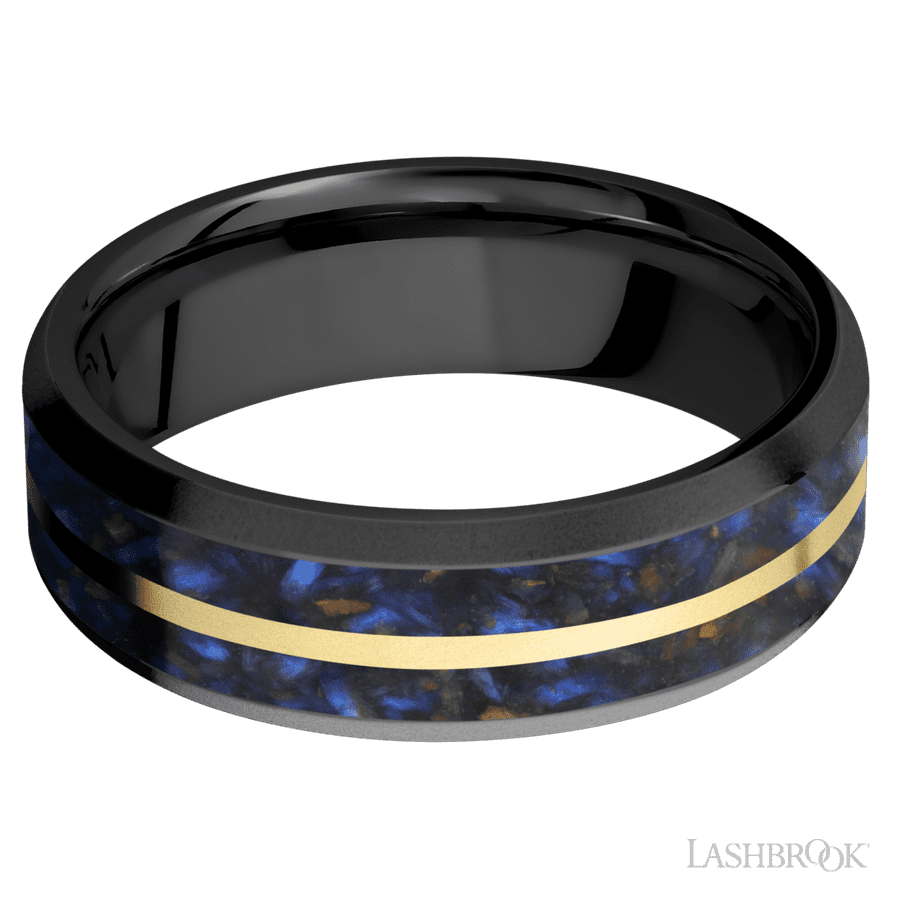 7 mm wide/Beveled/Zirconium band featuring inlays of Blue Tiger Eye and 14K Yellow Gold.