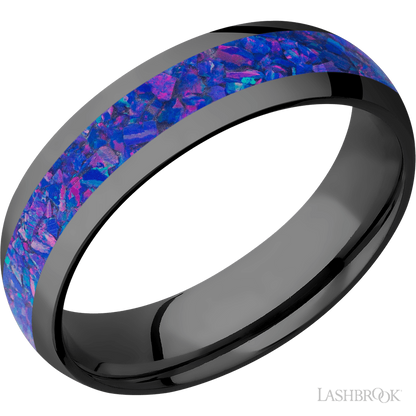 6 mm wide/Domed/Zirconium band with one 3 mm Centered inlay of Purple Opal.