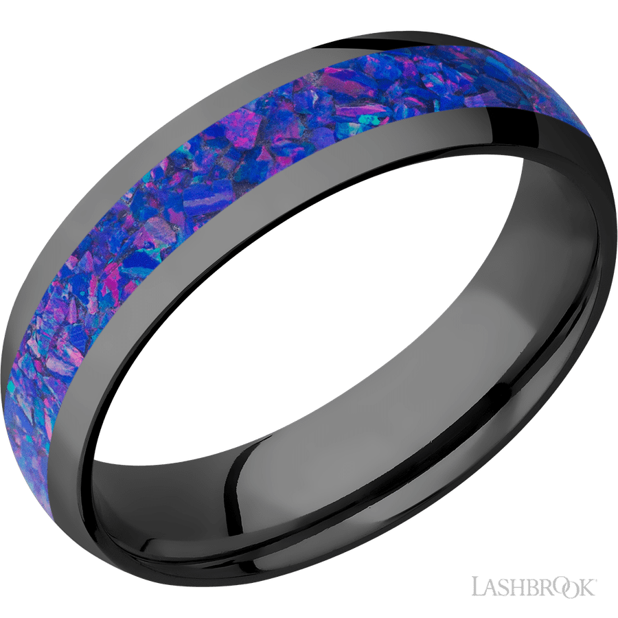 6 mm wide/Domed/Zirconium band with one 3 mm Centered inlay of Purple Opal.