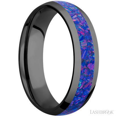 6 mm wide/Domed/Zirconium band with one 3 mm Centered inlay of Purple Opal.