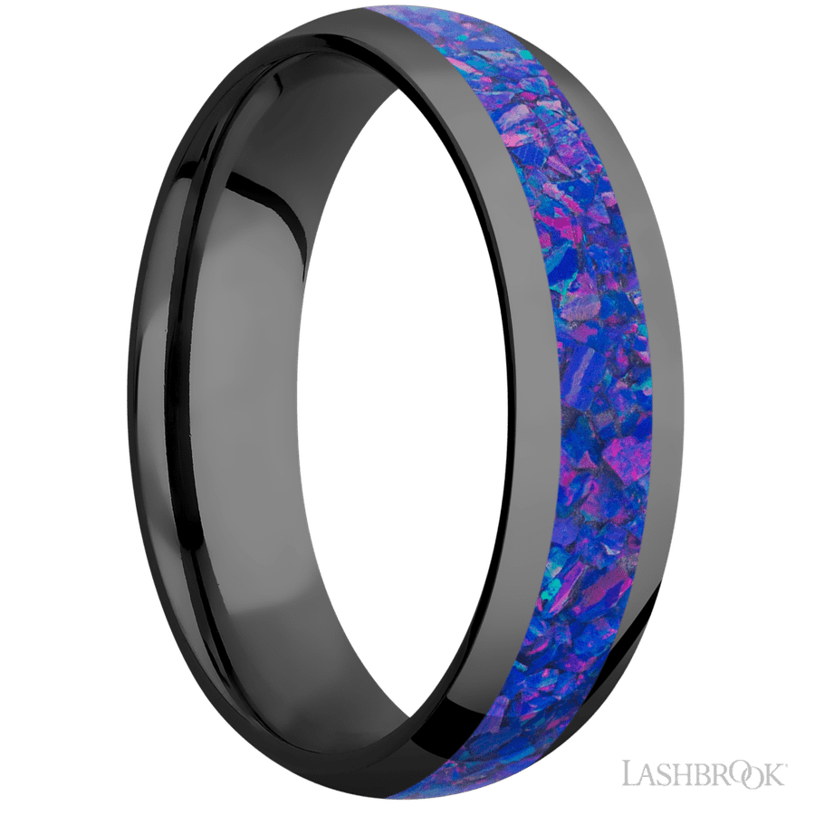 6 mm wide/Domed/Zirconium band with one 3 mm Centered inlay of Purple Opal.