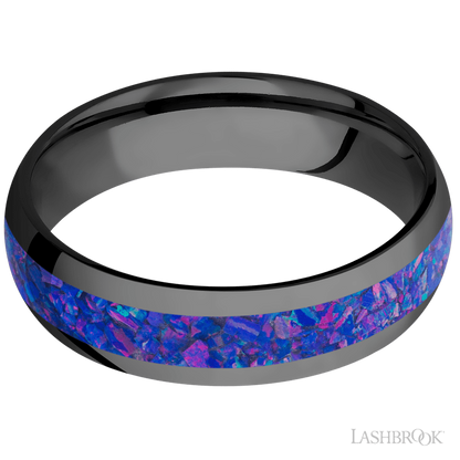 6 mm wide/Domed/Zirconium band with one 3 mm Centered inlay of Purple Opal.