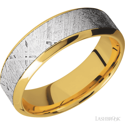 7 mm wide/High Bevel/18K Yellow Gold band with one 4 mm Centered inlay of Meteorite.