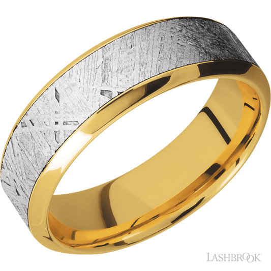7 mm wide/High Bevel/18K Yellow Gold band with one 4 mm Centered inlay of Meteorite.