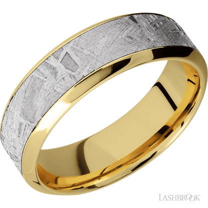 7 mm wide/High Bevel/18K Yellow Gold band with one 4 mm Centered inlay of Meteorite.
