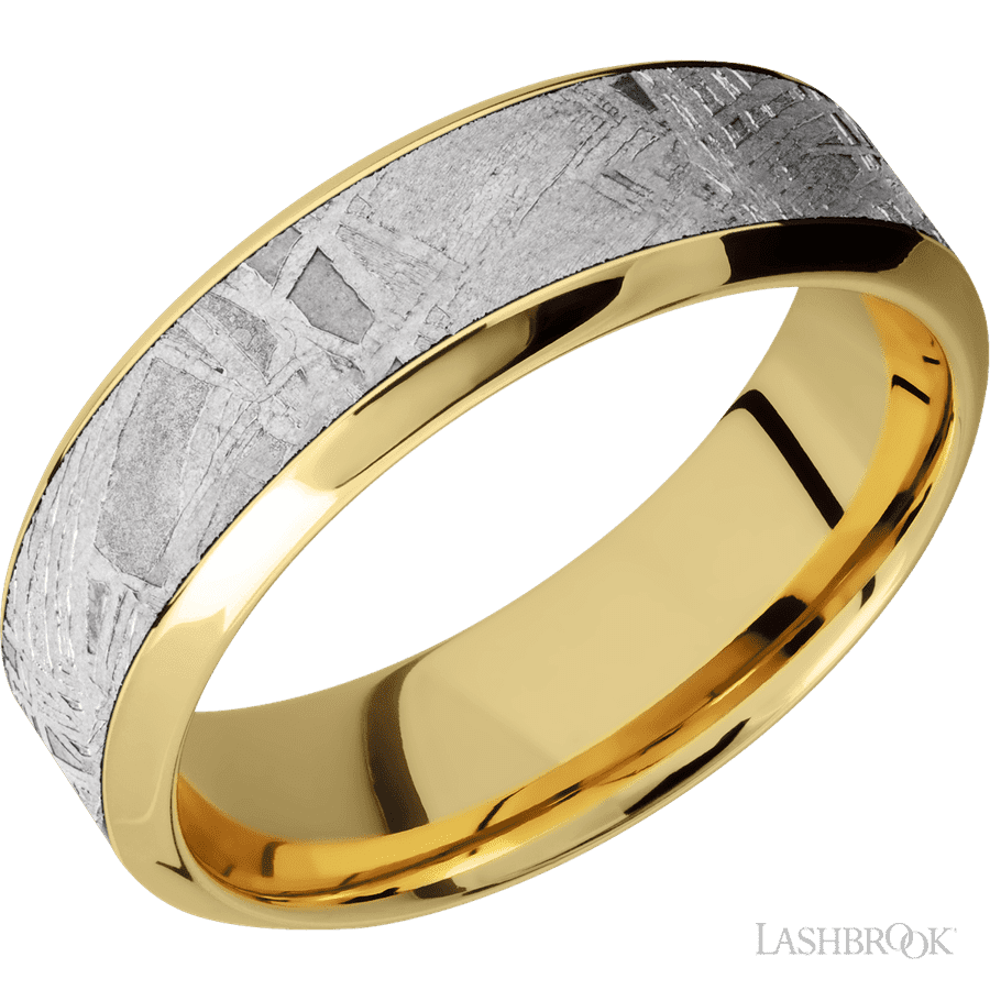 7 mm wide/High Bevel/18K Yellow Gold band with one 4 mm Centered inlay of Meteorite.