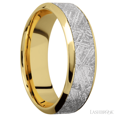 7 mm wide/High Bevel/18K Yellow Gold band with one 4 mm Centered inlay of Meteorite.