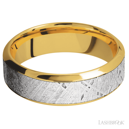 7 mm wide/High Bevel/18K Yellow Gold band with one 4 mm Centered inlay of Meteorite.