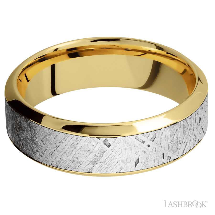 7 mm wide/High Bevel/18K Yellow Gold band with one 4 mm Centered inlay of Meteorite.