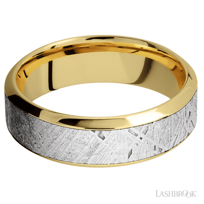 7 mm wide/High Bevel/18K Yellow Gold band with one 4 mm Centered inlay of Meteorite.